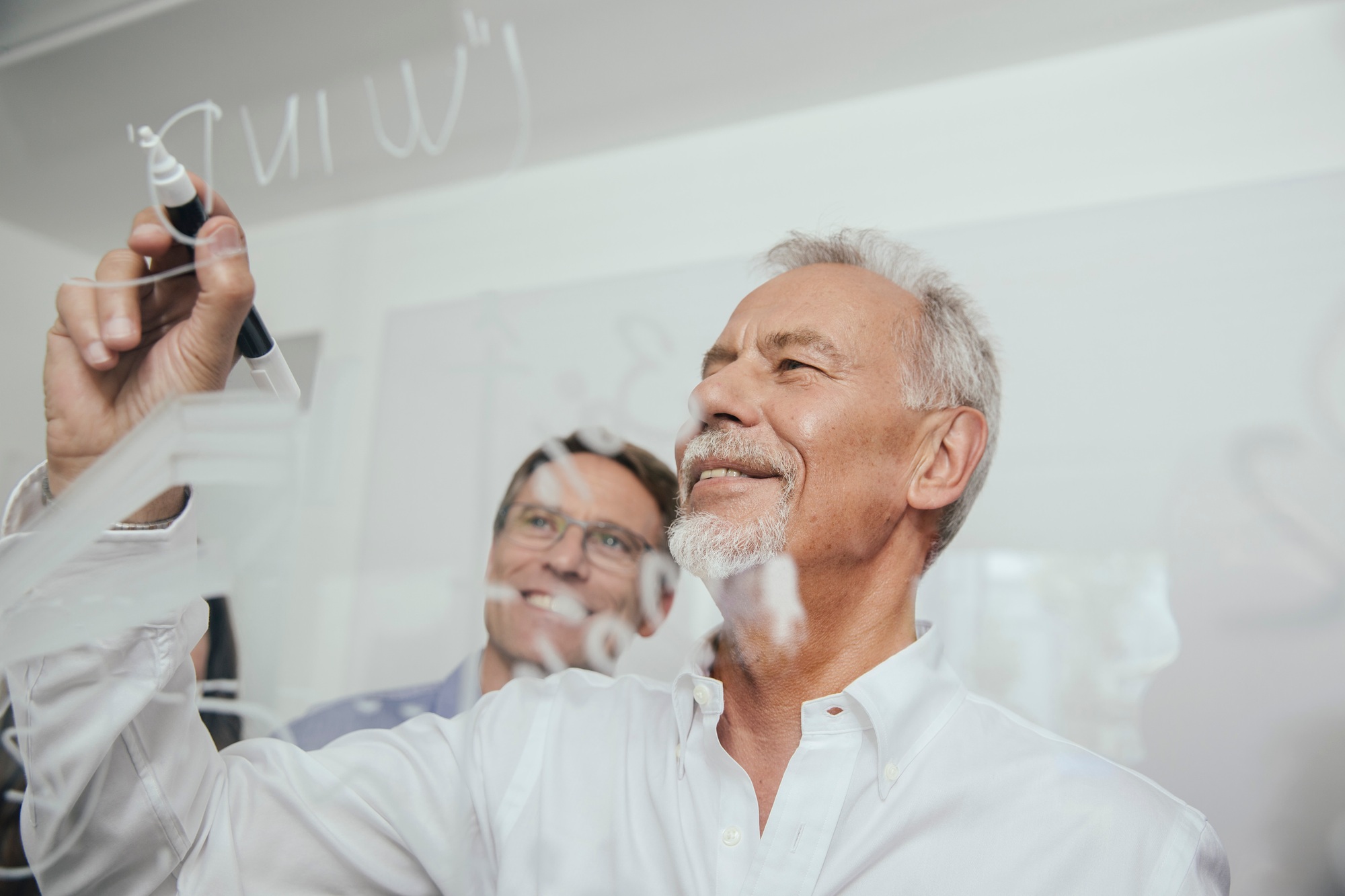 Two men writing onto glass wall in office